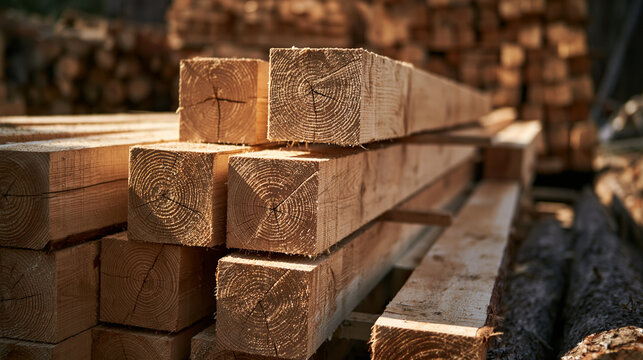 Stacked wooden beams with visible growth rings glow in the bright sunlight. Ideal for construction and forestry industry concepts.