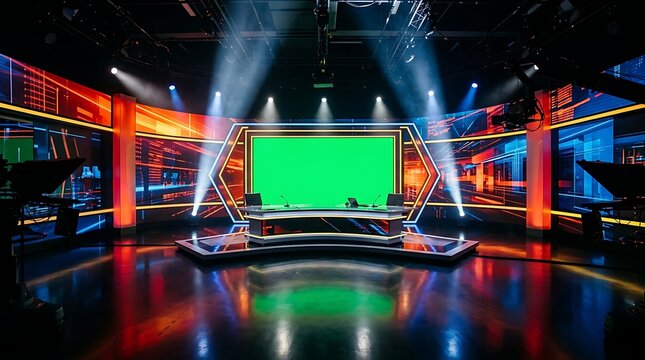 Modern television studio set with vibrant lighting and green screen