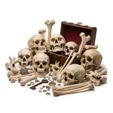 Skeleton skulls with treasure chest and gold coins