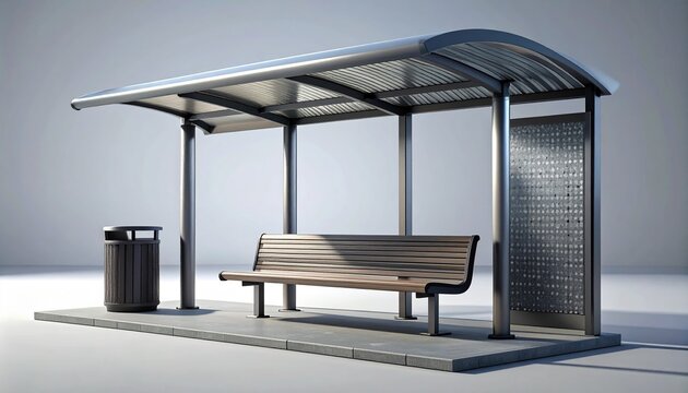 3D render of a modern bus stop shelter with curved roof, bench and trash bin on gray studio background. Urban street furniture design concept.
