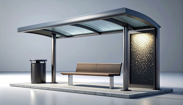3D render of a modern bus stop shelter with curved roof, bench and trash bin on gray studio background. Urban street furniture design concept.

