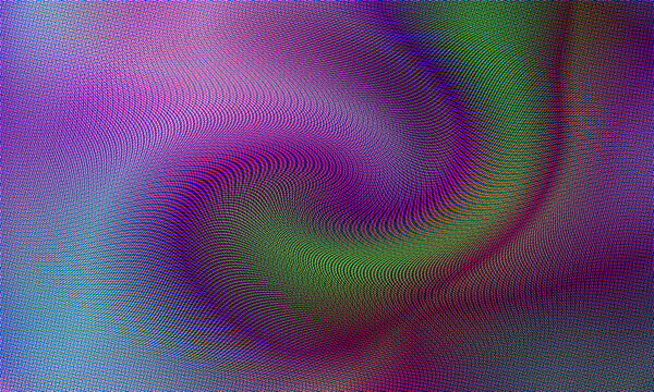 Abstract digital glitch with colorful halftone swirl pattern and moire effect