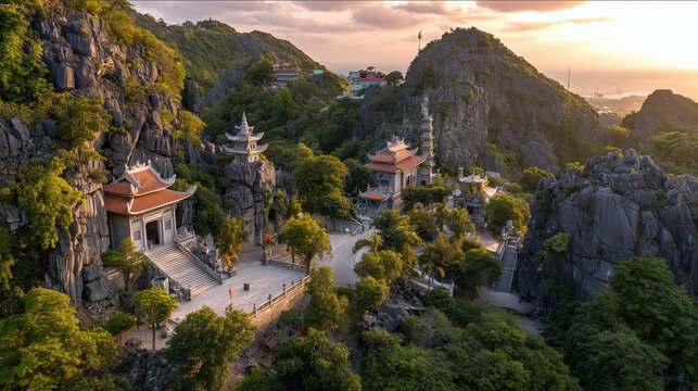 Marble Mountains in Da Nang with dramatic limestone cliffs and pagodas, lush greenery, golden hour, ultra realistic landscape, HDR, no people