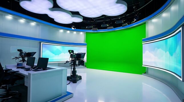 Modern television studio with green screen and professional equipment