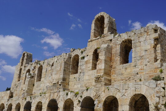 View of the exterior wall arches of the Odeon of Herodes Atticus, or Herodeon, in Athens, Greece