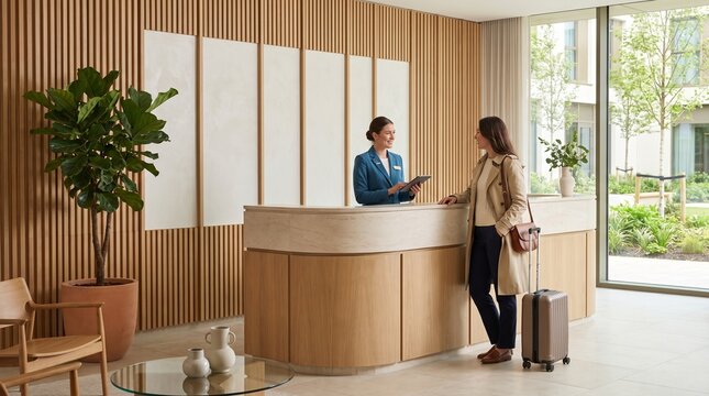 Elegant Contemporary Hotel Lobby with Reception Staff Welcoming Traveler