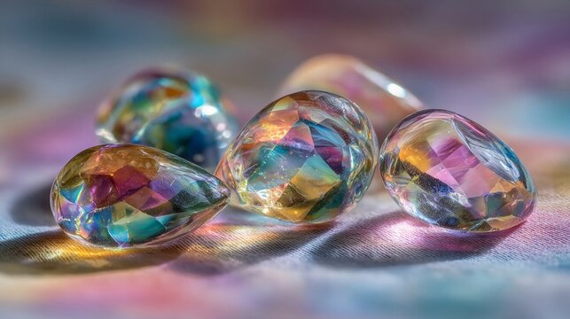 Pearlescent teardrop-shaped crystals with swirling iridescent colors and light reflections, a dazzling display of light and color.