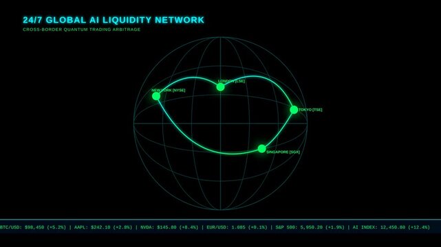 Global AI-Based Market Liquidity Network with Cross-Border Trading Arbitrage in Major Financial Centers Across the World, 16x9, 4K Quality