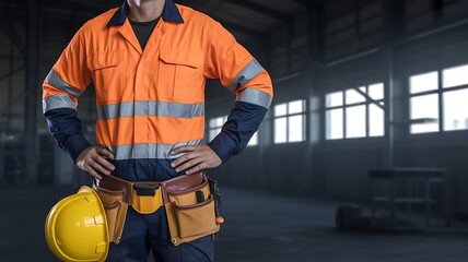 Fototapeta premium Professional Construction Worker in High Visibility Uniform Standing Ready in an Industrial Warehouse
