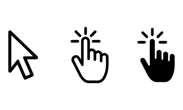 Set of computer mouse cursor pointer and hand click icons isolated on white background