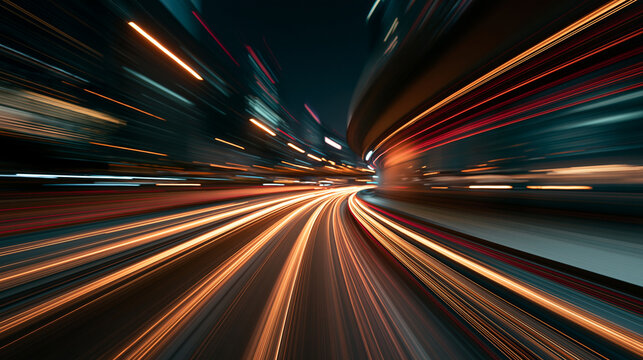 Dynamic light trails streak through a modern urban highway at night with intense motion blur. Ideal for technology and transportation concepts.