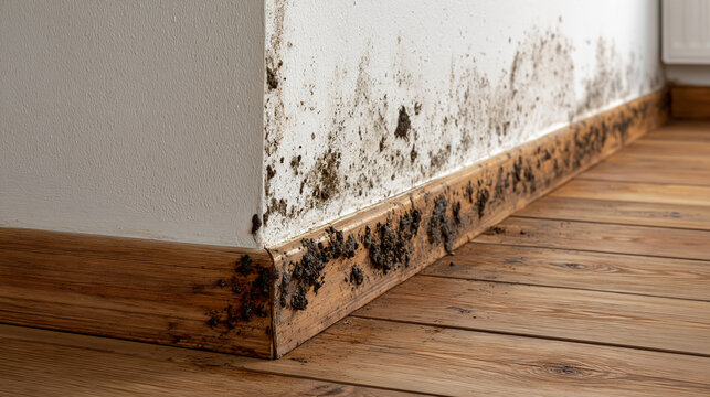 Black mold and damp damage growing heavily along a white wall and wooden baseboard in a residential interior. Perfect for home repair and property maintenance marketing campaigns.