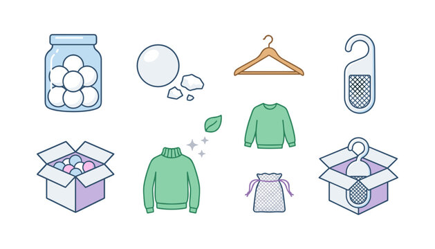 Mothball and Closet Care Vector Icon Set Featuring Camphor Balls in Jar, Clothes Hanger, Sweaters, Drawstring Sachet pouch, and Hanging Wardrobe Deodorizer Dehumidifier