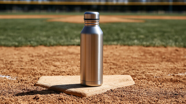 A stainless steel water bottle stands upright on a baseball home plate in bright daylight. Ideal for sports hydration and athletic lifestyle concepts.