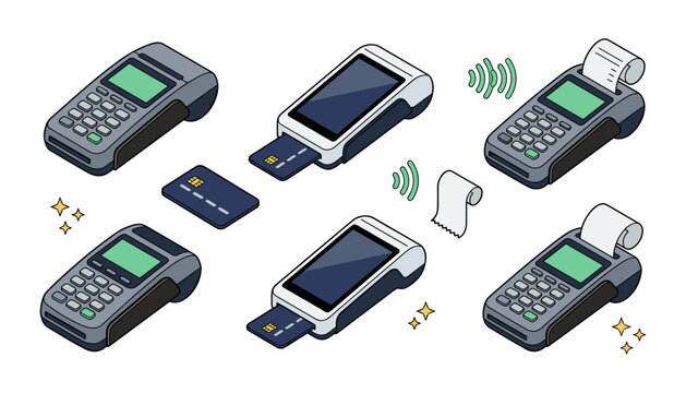  Isometric POS Terminal Payment Vector Icon Set Featuring Credit Card Readers, Contactless Wireless Signals, Paper Receipts, and Embedded Microchip Transactions for Banking