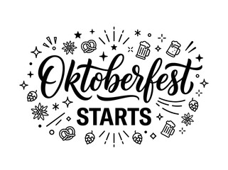 Fototapeta premium Oktoberfest starts vector hand drawn typography design with beer, pretzels, hops, and festive elements