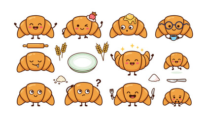 Obraz premium Cute Kawaii Croissant Character Vector Set with Various Face Expressions and Bakery Elements for Cafe Branding, Stickers, and Menu Designs