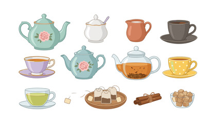 Obraz premium Vintage Tea and Coffee Set Vector Illustration Icons with Teapots, Ceramic Cups, Glass Teaware, Tea Bags, Sugar Cubes, and Cinnamon Sticks for Cafes