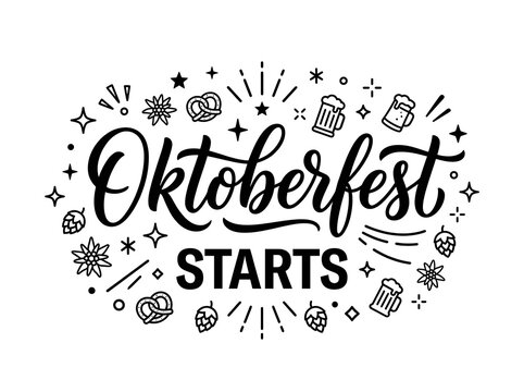 Oktoberfest starts vector hand drawn typography design with beer, pretzels, hops, and festive elements