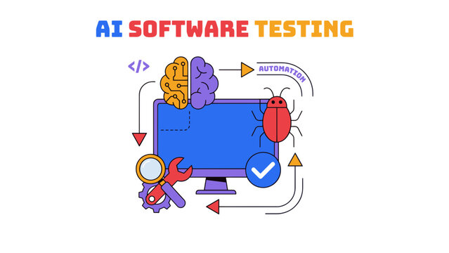 AI software testing vector illustration, artificial intelligence automation concept, computer bug fix and quality assurance graphic