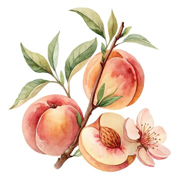 Detailed watercolor illustration of a fresh sweet peach branch composition with leaves, fruit and flower isolated