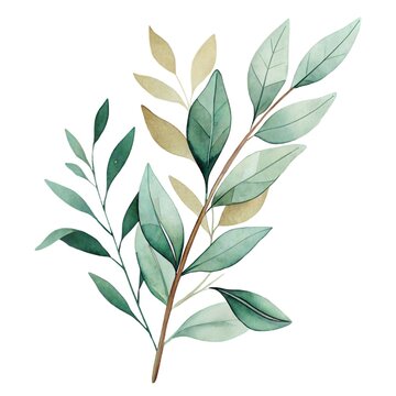 Detailed watercolor illustration of fresh green and golden leaves on branches isolated