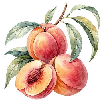 Detailed watercolor illustration of a rich fresh sweet peach branch composition with fruits and leaves isolated
