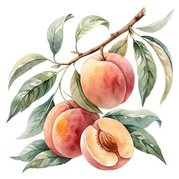Detailed watercolor illustration of a lush fresh sweet peach branch composition with fruits and leaves isolated