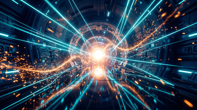 Futuristic neon laser tunnel with glowing light beams and high-tech digital motion effects