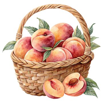 Detailed watercolor illustration of a wicker basket filled with fresh sweet peaches and leaves isolated