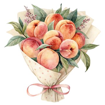 Detailed watercolor illustration of a festive peach fruit bouquet wrapped in paper isolated