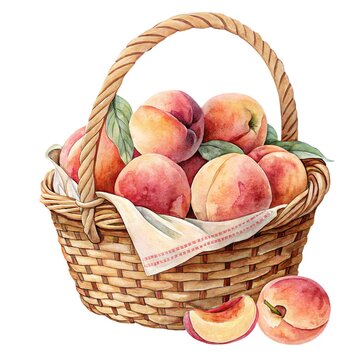 Detailed watercolor illustration of a wicker basket with peaches and napkin isolated
