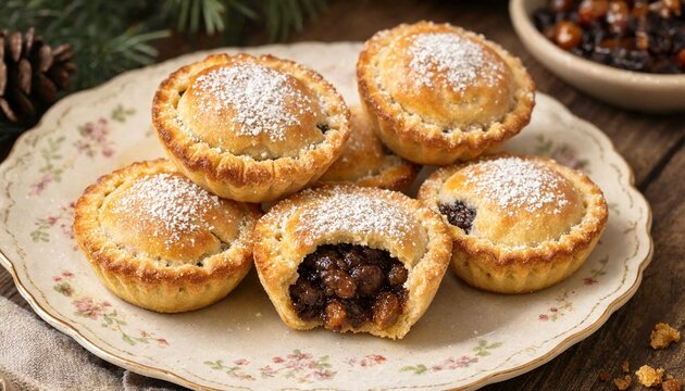 Freshly baked mince pies with dried fruit filling on Christmas plate