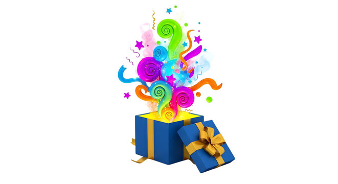 A festive blue gift box exploding with colorful question marks representing a mystery grift box