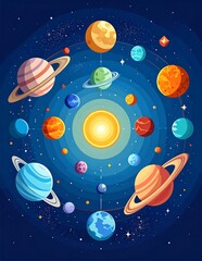 Naklejka premium Colorful abstract illustration of solar system with planets and stars.