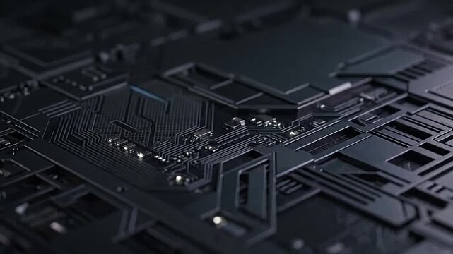 Abstract dark electronic circuit board with glowing light reflections and microchip architecture