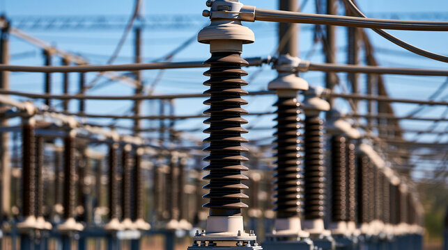 High voltage insulators and electrical equipment gleaming in bright sunlight at an outdoor substation. Ideal for energy supply and power grid technology concepts.