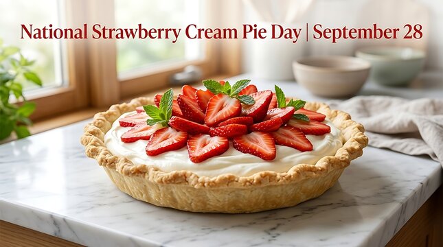 National strawberry cream pie day september 28 with a delicious freshly baked pie on a marble countertop with fresh mint leaves