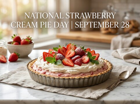 National strawberry cream pie day september 28 with a delicious freshly baked strawberry tart topped with whipped cream and fresh berries on a kitchen table