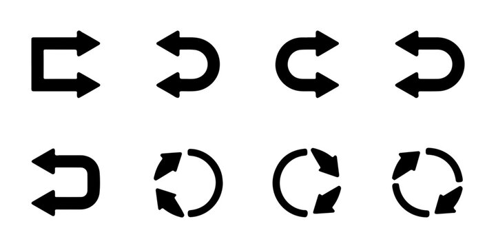 Black u turn and circular arrow vector icons set on transparent background for navigation and flow charts.