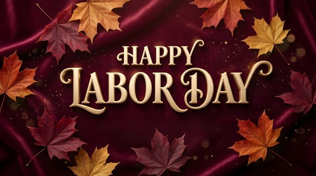 Happy Labor Day text rendered in elegant golden typography surrounded by vibrant autumnal maple leaves against a luxurious burgundy fabric
