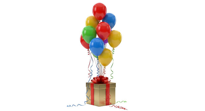 A festive gold gift box with colorful floating balloons representing a creative grift box concept