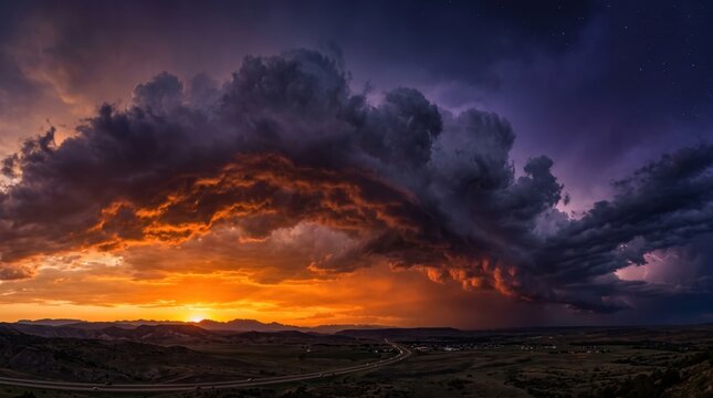 Stunning sunset casts vibrant hues over majestic mountains with rolling landscapes and dramatic cloud formations