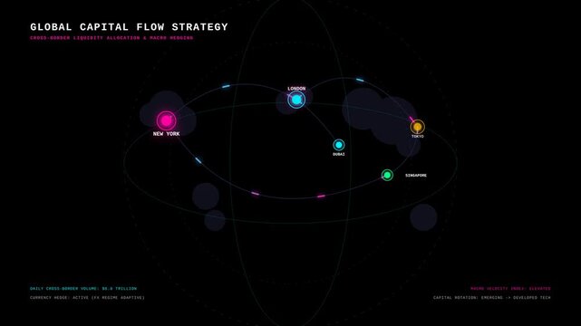Global Capital Flow Strategy with New York, London, Toronto, and Singapore in a Dynamic and Visual Representation of Global Financial Networks and Connections