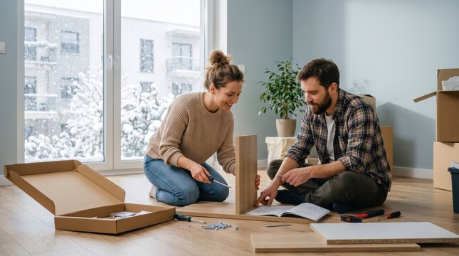 Young Couple Assembling Furniture Together in New Apartment. Concept of furniture assembly, moving in, diy home improvement. Copy space.