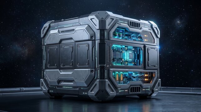 Futuristic metallic modular container with glowing blue internal data core container technology metallic industrial hardware electronic