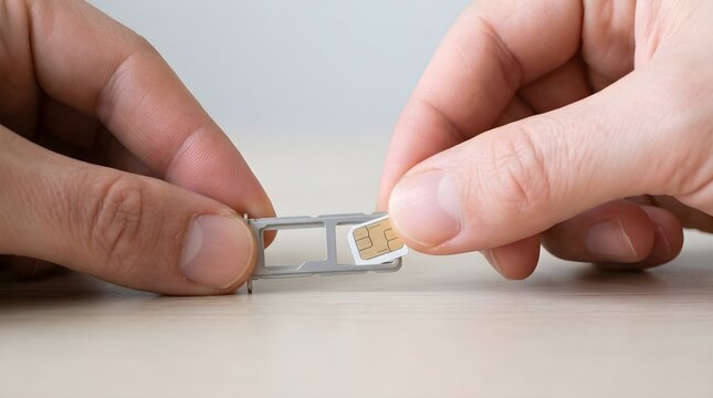 Hands carefully inserting a micro chip nano SIM card into a silver metal mobile phone SIM tray holder.