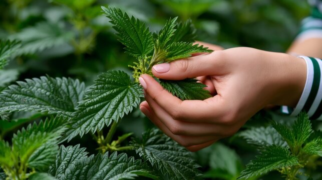 Hands picking fresh green nettle leaves for herbal medicine