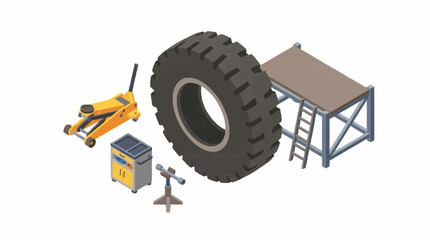Obraz premium Isometric illustration of tire repair workshop with tools and equipment.