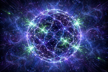 Naklejka premium Vibrant glowing network sphere with interconnected nodes and cosmic energy, 3D rendering, concept for artificial intelligence, global connectivity and digital transformation